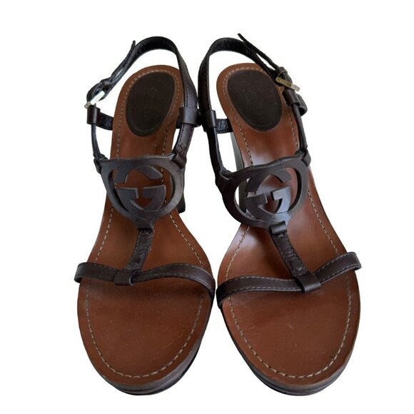 Gucci Wedge Sandals | Interlocking G Logo | Preloved Designer Shoes Sz 10.5 - Picture 2 of 16